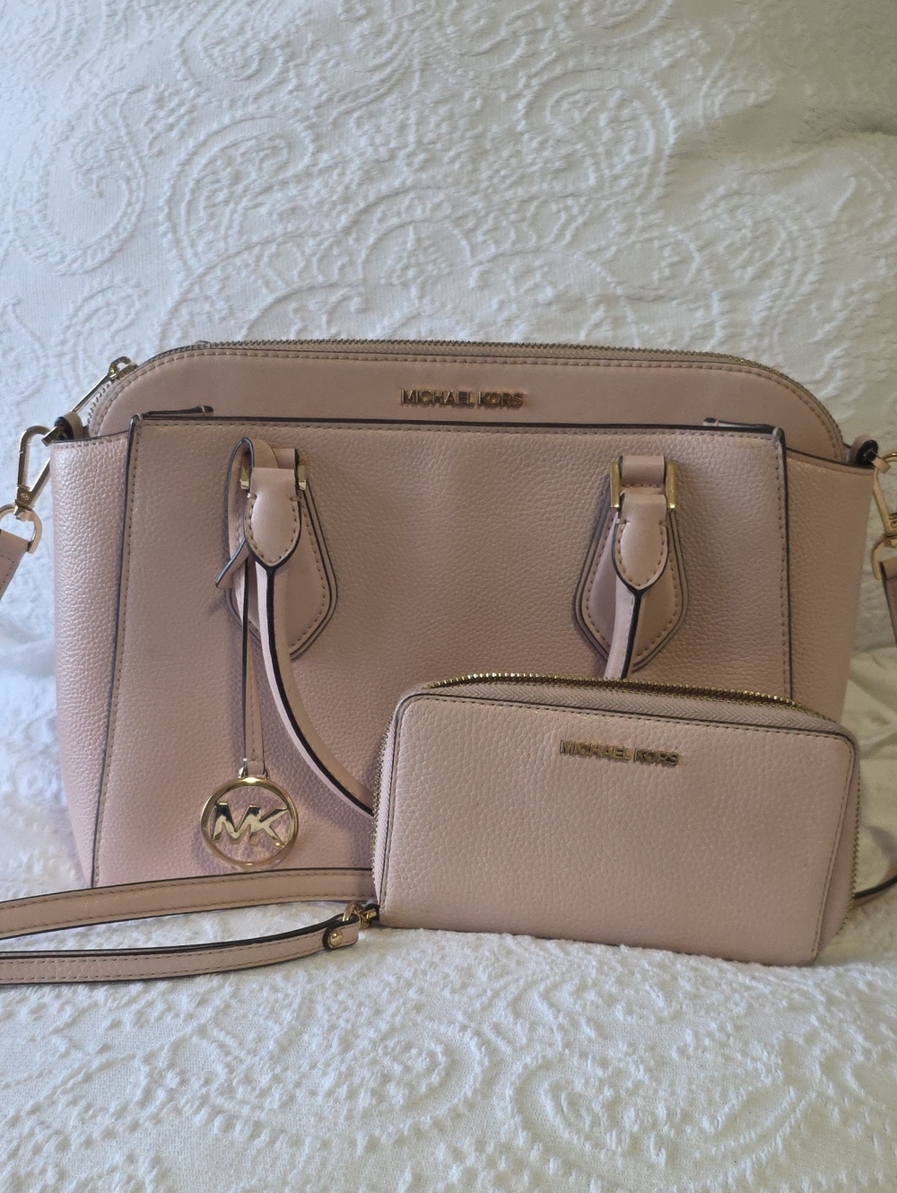 Michael Kors Blush Pink Pebbled Leather Satchel & Matching Zip Wallet Bundle Set